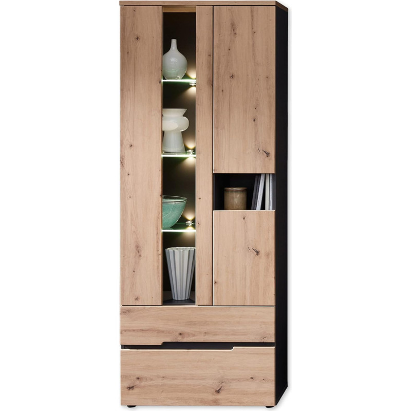 Stella Trading Memphis Display Cabinet in Artisan Oak Look, Graphite - Modern Display Cabinet with LED Lighting and Lots of Storage Space - 75 x 197 x 38 cm (W x H x D)