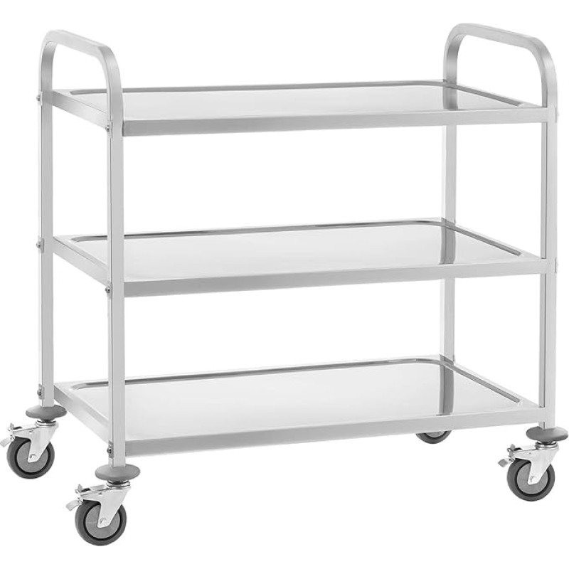 Royal Catering RCSW 3A Serving Trolley Kitchen Trolley (3 Levels, Load Capacity 150 kg, Tray Distance 28.3 cm, Impact Protection, Low Vibration Swivel Castors) Stainless Steel