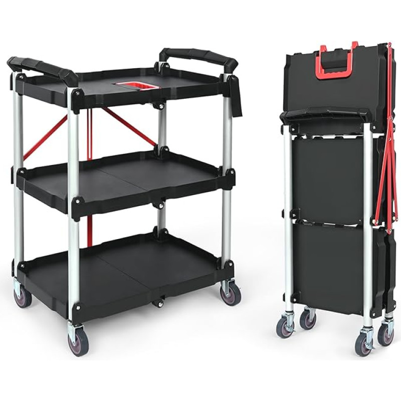 mosegor Serving Trolley with Wheels, 3 Levels, Foldable Trolley with Ergonomic Handle, All-purpose Service Trolley, 651 x 392 x 832 mm, Load Capacity 90 kg for Office, Warehouse and Repair Workshop