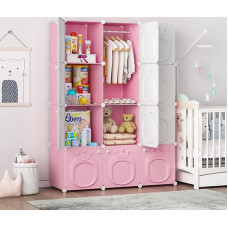 MAGINELS Kids Wardrobe, Baby Closet with Door Organizer for Baby Girls Organizer for Bedroom.Two Open Hanging Kids Costume Area and 8 Cubes, Pink (42