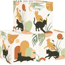 Clastyle Pack of 3 Abstract Boho Children's Storage Box Fabric for Kallax Foldable Storage Basket Small Women Girls Cupboard Organiser Wardrobe for Shelf, Cat Leaves, 30 x 30 x 30 cm