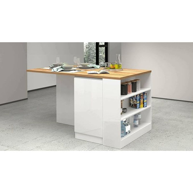 Dmora - Osvaldo Kitchen Island, Multi-Purpose Cabinet, Kitchen Unit, Additional Table, 100% Made in Italy, 160 x 90 x 90 cm, Glossy White and Oak