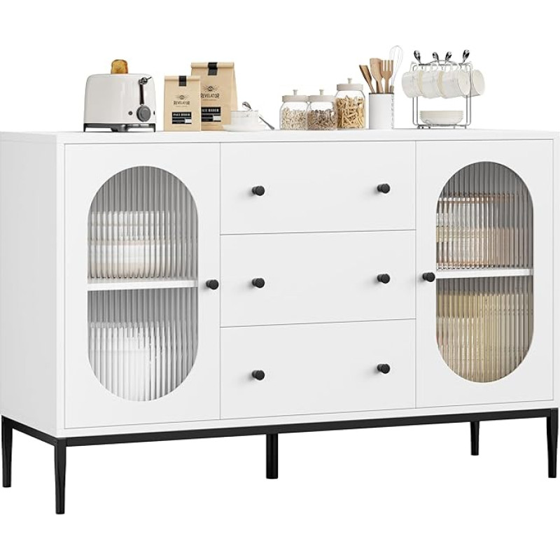 FirFurd Sideboard 120 cm Wide Kitchen Cabinet with Worktop Buffet Cabinet with 2 Glass Doors 3 Drawers Kitchen Buffet with Adjustable Shelf for Kitchen Dining Room Living Room 120 x 38 x 80 cm White