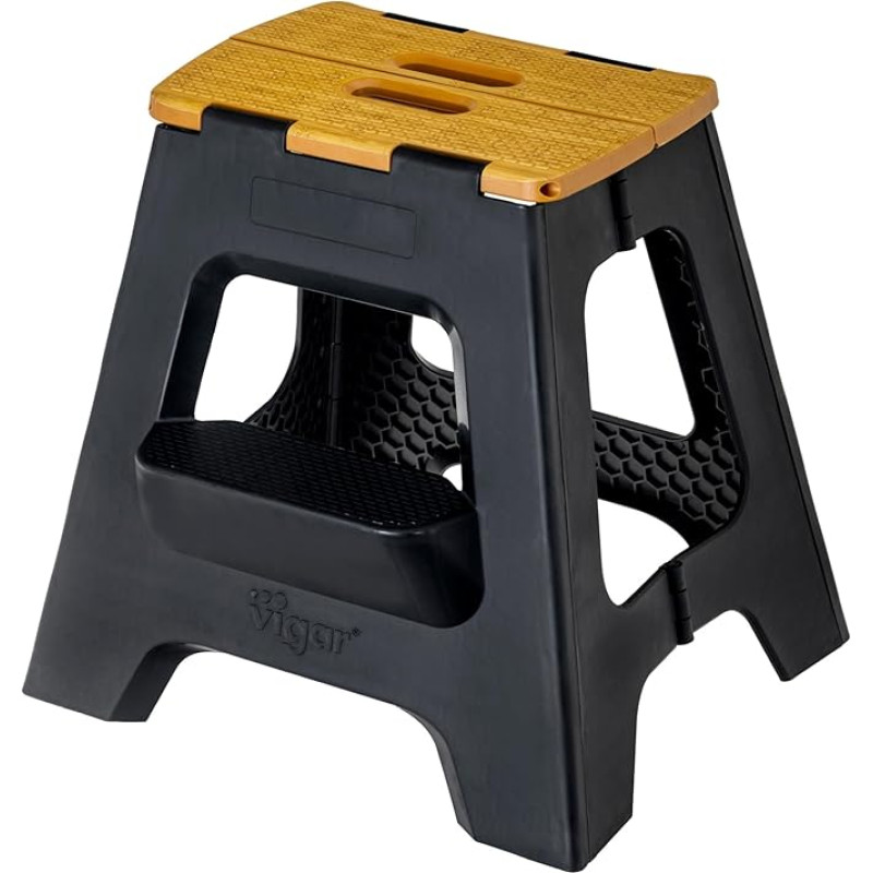 Vigar Compact Folding Step Stool for Adults, 40 cm, 2-Step, Folding Stool, Foldable 150 kg, Non-Slip, Lightweight, Foldable Stool for Home, Bathroom, Bedroom, Office, Black, Bamboo Top