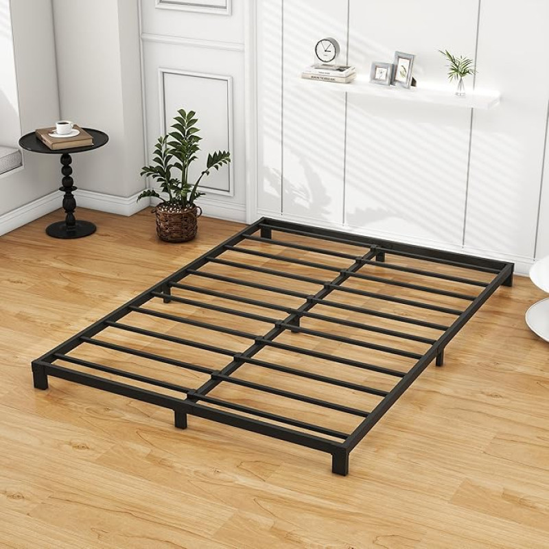 VERFARM Metal Platform Bed, Bed Frame 120 x 200 cm, Low Metal Bed with Metal Slatted Frame, Modern Metal Bed for Adults, Children, Teenagers, Easy Assembly, Double Bed, Black, 12 cm H