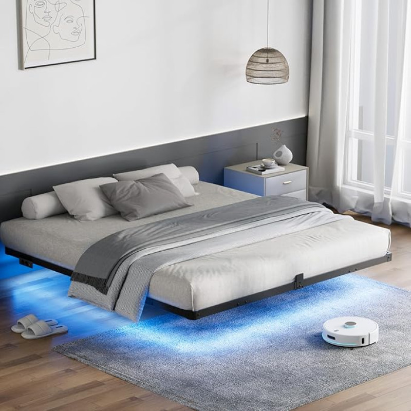 Funshed Bed Frame, Modern Floating Bed Frame with USB Charging Port, Intelligent LED Light Bar, Sturdy and Solid Metal Frame, No Springs Required (King)