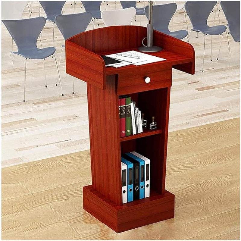 Simple Lecterns Reception Podium Stand with Drawer and Open Storage, Teacher Podiums, Density Board, Standing Desk (Red)