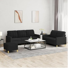 Tidyard 3-Piece Sofa Set with Cushions, Armchair, Couch, Footstool, Sofa, Living Room Sofa with Armrests, Couch Set, Designer Sofa, Seating Furniture, Upholstered Furniture, Black Fabric