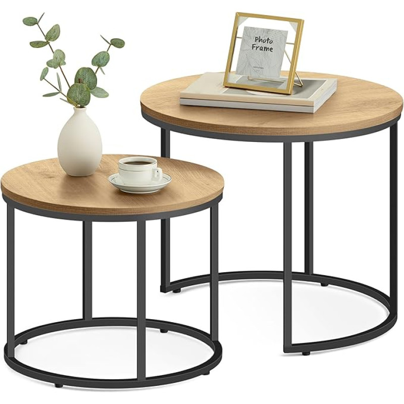Home Collective Coffee Tables Set of 2 Round Side Tables Loft Design 2-in-1 Nesting Scratch-Resistant Surface, Living Room, 53 cm and 43 cm Wide, Oak with Black Legs