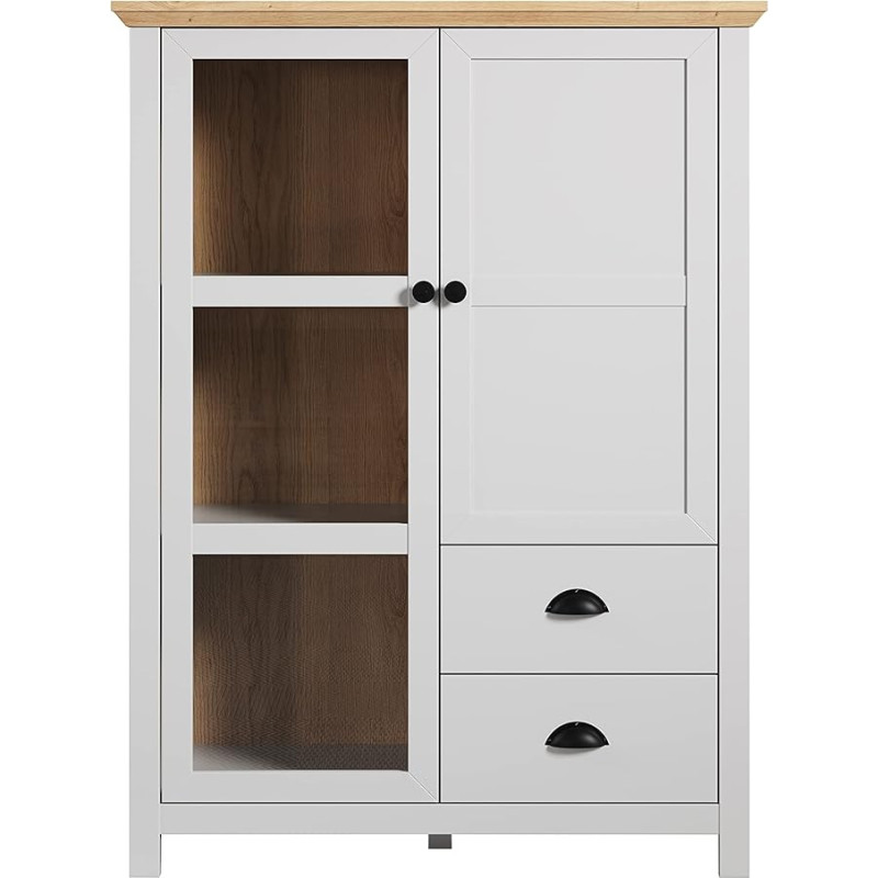 trendteam smart living - Landside - Display Cabinet - Light Grey/Oak - Living Room Cabinet in Country House Style - (W x H x D) 97 x 130 x 41 cm - Elegant Button and Shell Handles - 5 Compartments and