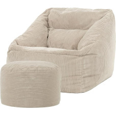 Icon Natalia Bean Bag Chair with Stool for Adults, Beige, Fluffy Corduroy Fabric, Giant Bean Bag Cord with Filling, Bean Bag Chair, Comfortable Chair for Living Room, Lounge, Bedroom, Office