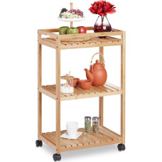 Relaxdays Serving Trolley with 3 Levels, Plastic Wheels with Brakes, H 77 x W 47 x D 32.5 cm, Natural, Light Brown, Black