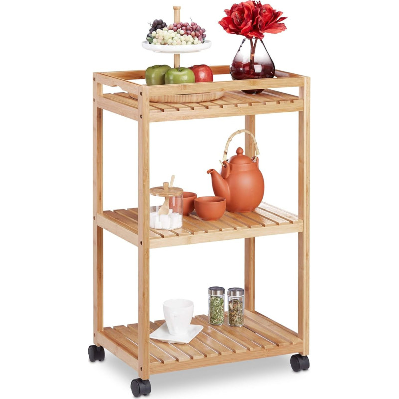 Relaxdays Serving Trolley with 3 Levels, Plastic Wheels with Brakes, H 77 x W 47 x D 32.5 cm, Natural, Light Brown, Black
