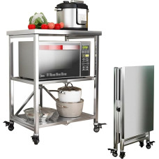 HIYOUGO Serving Trolley with Wheels, 3 Shelves, Foldable Stainless Steel Trolley, Kitchen Table, Stainless Steel Tisc Microwave Holder for Kitchen