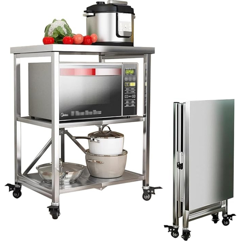 HIYOUGO Serving Trolley with Wheels, 3 Shelves, Foldable Stainless Steel Trolley, Kitchen Table, Stainless Steel Tisc Microwave Holder for Kitchen