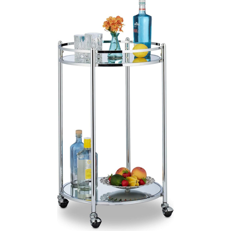 Relaxdays Round Serving Trolley with 2 Levels, Steel, Mirrored Shelves, Tea Trolley with Wheels, 75 x 50 cm, Silver