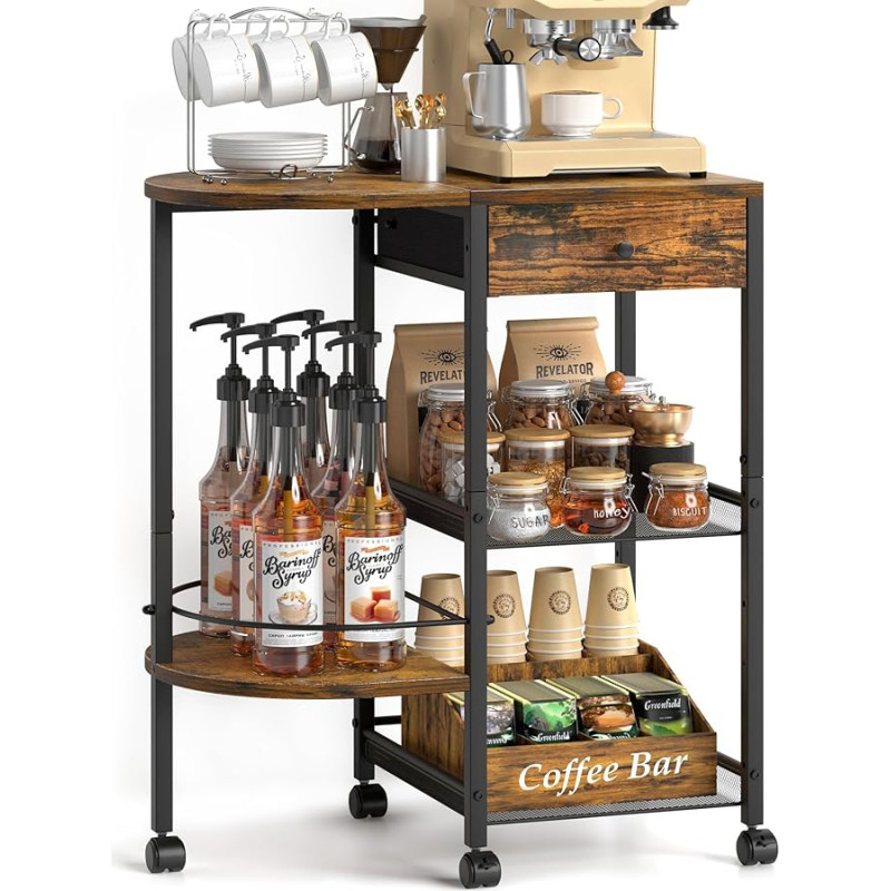 VINCOURNA Kitchen Trolley with Wheels, 39 cm (W) Large Kitchen Trolley with Worktop, 4 Levels Coffee Bar Furniture Serving Trolley with Drawer, Kitchen Shelf Standing for Bar, Wine Rack, Coffee