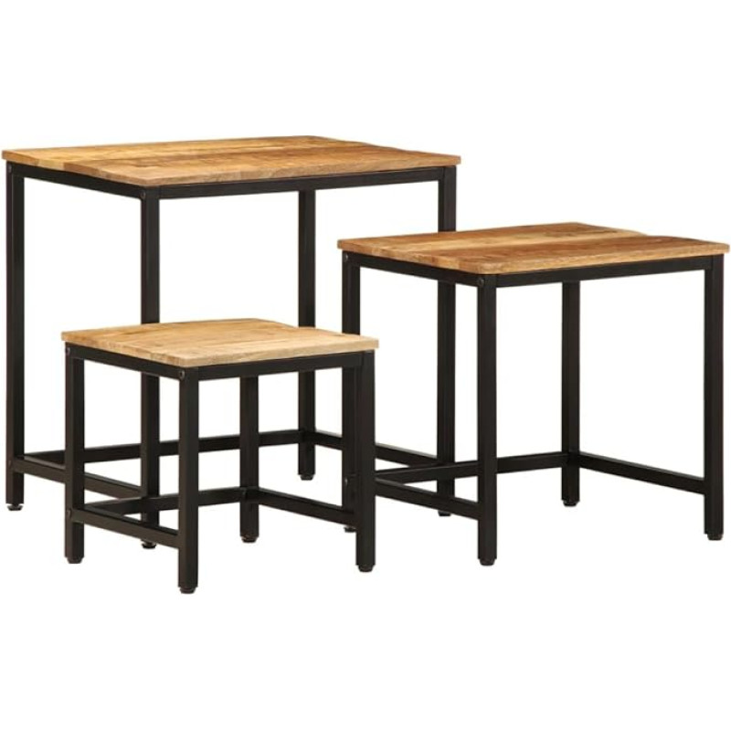 Industrial Nesting Side Tables Set of 3 - Rustic Solid Mango Wood Coffee for Living Room Bedroom - Space Saving Stackable End Tables with Sturdy Metal Frame (50x40x40, 45x45x40, 30x30x30 cm)