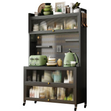 MOOTACO 5-layer kitchen storage cabinet, 100 cm multifunctional storage cabinet with semi-transparent folding door, 2 types for footbed options, kitchen, dining room, living room and study