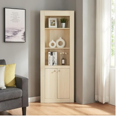 [en.casa] Eura Corner Cabinet with 2 Doors, Tall Cabinet, Bookcase, Filing Cabinet with 3 Open Shelves, Corner Shelf for Living Room, Office, Hallway, 170 x 62 x 30 cm, Oak