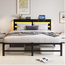 VERFARM Bed 140 x 200 cm with LED, Metal Bed with USB Charging Station and Wooden Headboard with Storage Space, Guest Bed, Youth Bed, Double Bed Frame with Storage Space Under Bed, Black