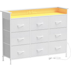 VEDECASA Chest of Drawers with 9 Drawers and LED Lighting, Bedroom Chest of Drawers with Power Strip, Fabric Chest of Drawers for Bedroom, Living Room, Hallway, Metal Frame, Wood Material, White