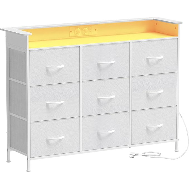 VEDECASA Chest of Drawers with 9 Drawers and LED Lighting, Bedroom Chest of Drawers with Power Strip, Fabric Chest of Drawers for Bedroom, Living Room, Hallway, Metal Frame, Wood Material, White