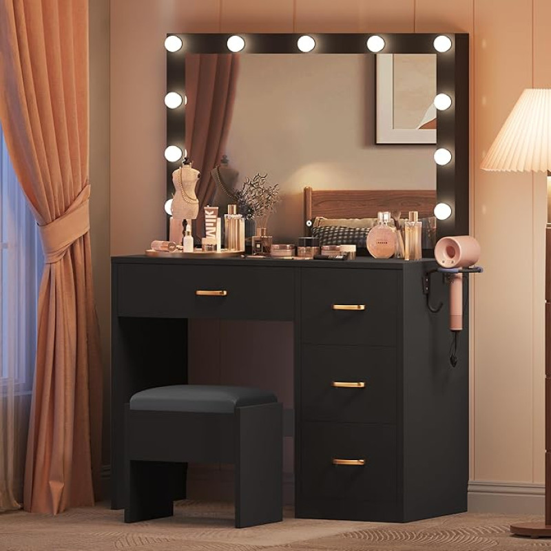 YITAHOME Dressing Table with Mirror, Cosmetic Table with 4 Drawers, Dressing Table with Stool, Lighting, Socket, Black (Make Up Table, Dressing Table, Cosmetic Table, Vanity Table)