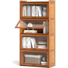 GIANTEX Bookcase, Bookcase with 4 Compartments, 69 x 34 x 140 cm, Display Cabinet Made of Bamboo & Acrylic, Standing Shelf for Books, Files & Decorations, Shelf with Doors (Brown)