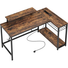 Bestier 132 cm L Shaped Desk with Sockets & LED Lighting, Reversible Corner Desk with Shelves, Large PC Workstation with Hooks for Home Office and Bedroom