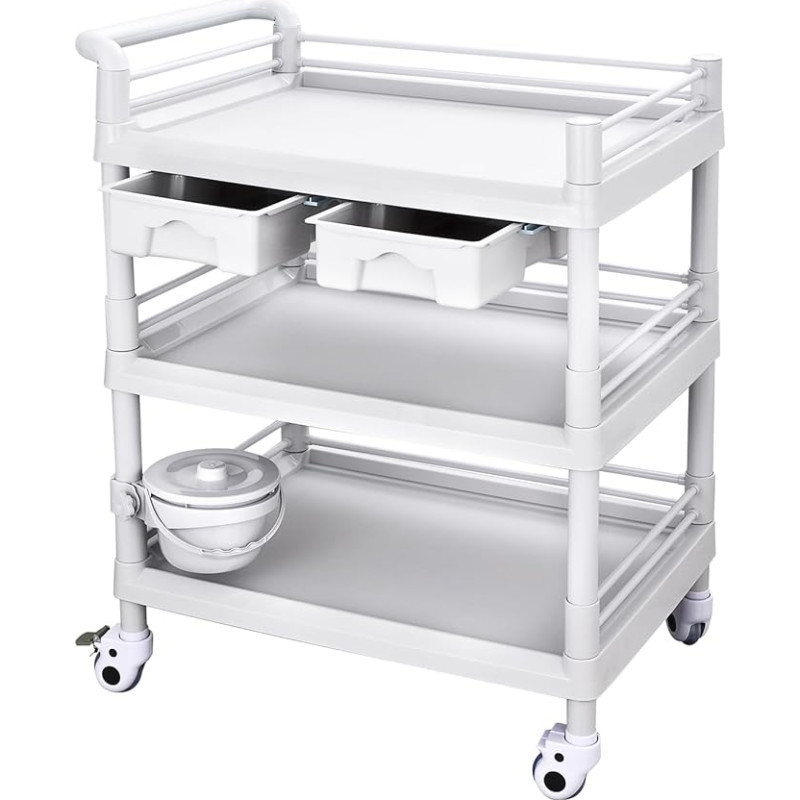 Qiwey Large Medical Utility Cart with 2 Drawers, 3 Tier Aesthetic Trolley with Wheels for Beauty Salon, Spa, Commercial, Hospital, Office, Lab Cart, White