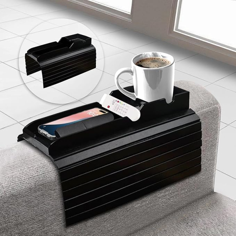 Glowince Sofa Armrest Tray Black Wood Couch Armrest Table (Black)
