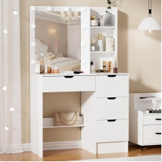 White Dressing Table with 4 Large Drawers, LED Lighted Mirror, Cosmetic Bedroom Dresser, Makeup Desk for Bedroom Furniture, 80 x 130 x 36 cm, Cute