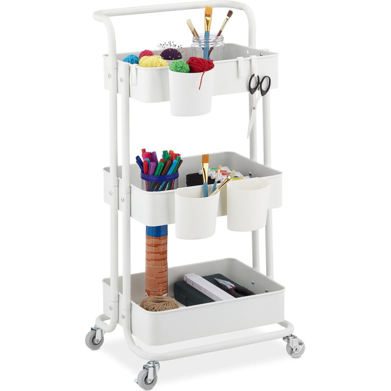 Relaxdays Rolling Trolley, 3 Levels, 2 Brakes, Multi-Purpose Trolley for Kitchen and Office, Rolling Shelf HBT 86 x 38 x 39 cm, Metal, White