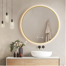 EMKE Bathroom Mirror with Lighting Round 80 cm - Brushed Gold Bathroom Mirror with Anti-Fog, Dimmable, Clock, Temperature Display, Touch, Memory Function, Energy Saving Round Mirror