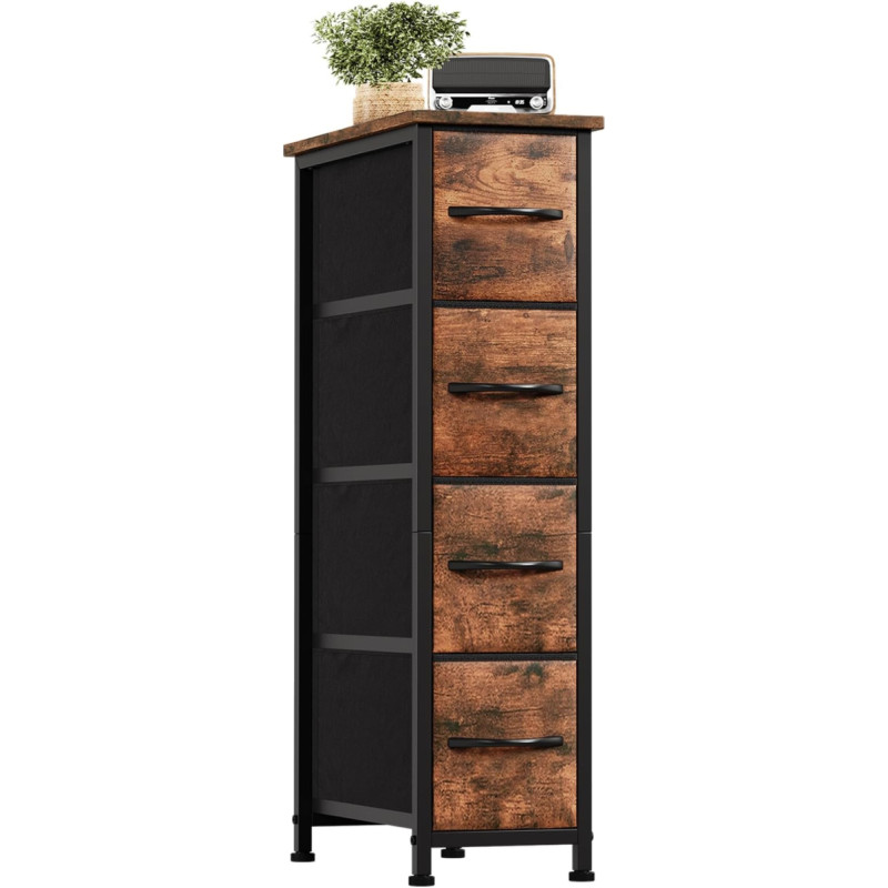 Somdot Narrow Chest of Drawers with 4 Drawers Made of Fabric, Sideboard with Wooden Top, Cabinet for Living Room, Hallway, Dresser Cabinet, Kitchen Cabinet, Bedroom Cabinet, Wood Grain