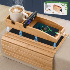 Joy&Grace Couch Cup Holder, 3 in 1 Magnetic Removable Couch Arm Tray, Bamboo Sofa Armrest Table with Non-Slip Pad, Sofa Armrest Tray Table (Natural)