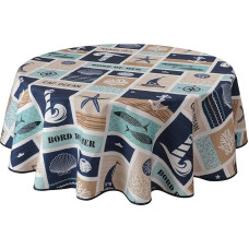 Blue Beige Stain-Resistant Tablecloth Seashore Round 160cm