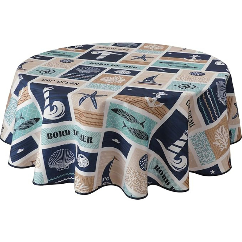 Blue Beige Stain-Resistant Tablecloth Seashore Round 160cm