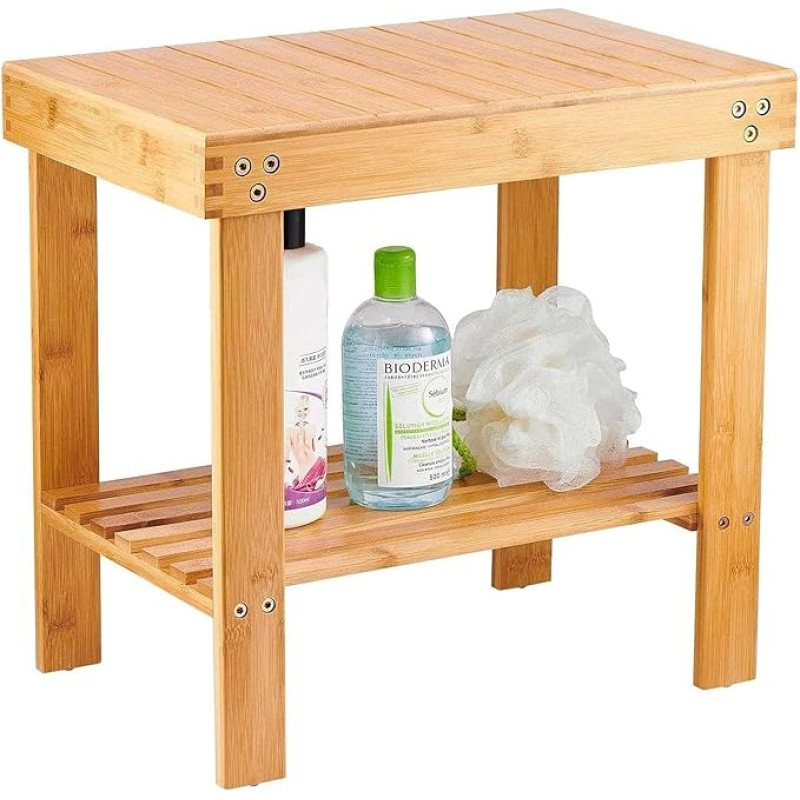 VaeFae Bamboo Bathroom Stool with Footrest, with Storage Compartment, Durable, Lightweight and Non-Slip, Large Natural Bamboo Colour