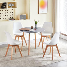 FURNITABLE Round Dining Room Table with 4 White Chairs | Dining Set 5 Pieces | Dining Room Set for Dining Room Kitchen Living Room | Grey Table