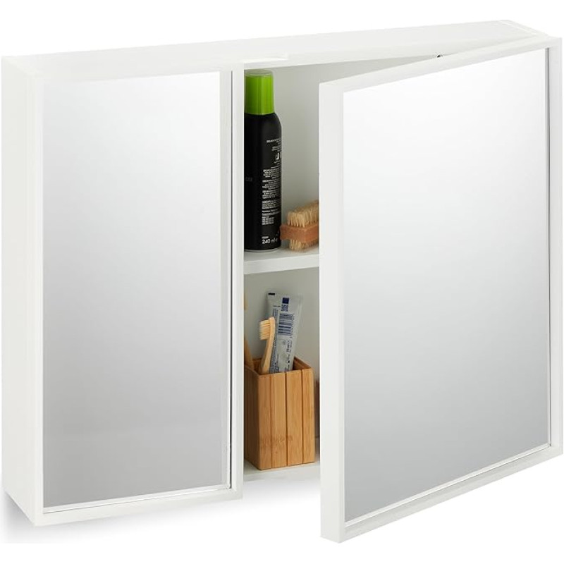 Relaxdays Mirror Cabinet, 2 Doors, Bathroom Cabinet, Mirrored on Both Sides, H x W x D: 50 x 65 x 15.5 cm, Bathroom Wall Cabinet, White
