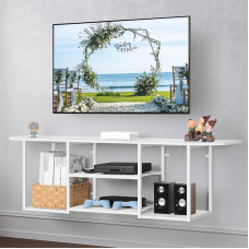 BTY Floating TV Stand for 50 Inch TV Wall Mounted Entertainment Center with 3 Tier Open Storage Shelf Wooden Media Console for Living Room Bedroom Under TV Shelf, White