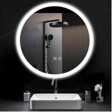 PESENXAN Round Mirror with Lighting, 60 x 60 cm Bathroom Mirror with Lighting, Round, 3 Light Colours, Adjustable, Dimmable, LED Bathroom Mirror with Touch Switch, Memory Function, Warm White/Cool