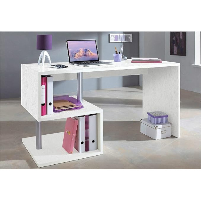 Dmora Esse Modern Desk for Office and Study with Shelf, Made in Italy, Computer Desk, PC Desk, 140 x 60 x 75 cm, Ash White