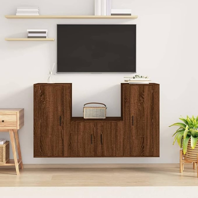 Homgoday TV-Möbel-Set 3 Stück Eiche Braun aus mehrschichtigem Holz, TV-Schrank, TV-Schrank, Couchtisch, Wohnzimmertisch, TV-Ständer für Wohnzimmer