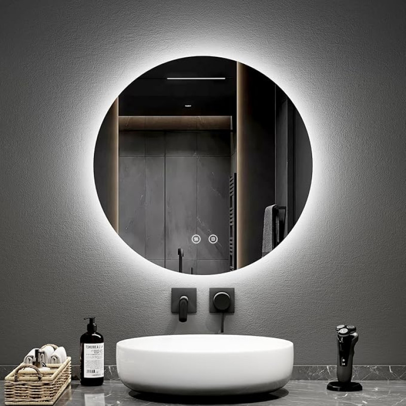 EMKE 60cm Diameter Round Bathroom Mirror with Anti Fog and Touch Switch Bathroom Mirror with LED Backlight Dimmable Brightness Cold Light 6500K Round