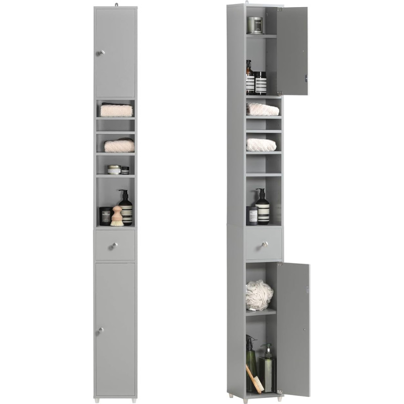 SoBuy Bathroom Cabinet, Storage Cabinet, Bathroom Cabinet with 4 Adjustable Shelves, 1 Drawer and 2 Doors, Tall Cabinet for Living Room, Office, Bedroom, Grey, L 20 x D 20 x H 180 cm