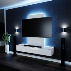 Tronitechnik® TV Lowboard TV Furniture Hanging with LED Lighting Living Room Cabinet Wall Living Room Wall Media Wall High Gloss White 140 cm x 38.5 cm