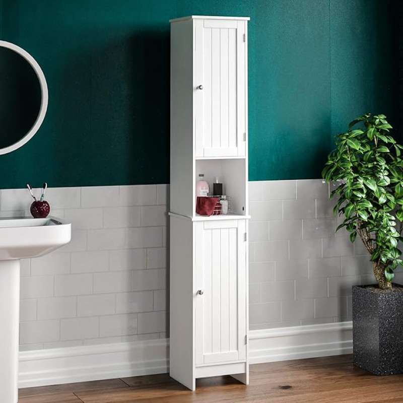 Bath Vida Priano Floor Standing Bathroom Cabinet, High Storage Unit, Wood, White